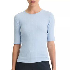 125$ Vince Ribbed Round Neck T-Shirt Elbow-Length Sleeve Size XS Porcelain Blue